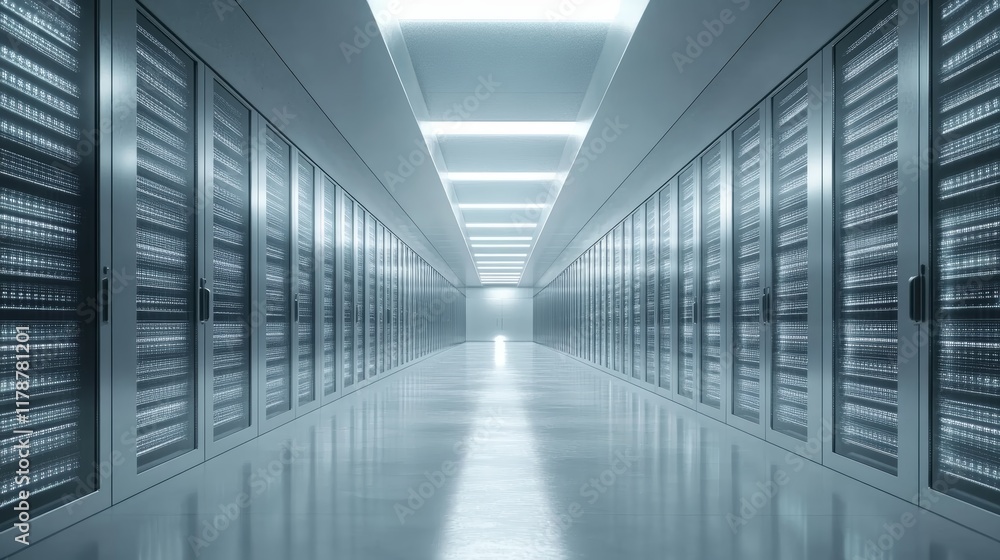 Poster Futuristic Data Space Featuring Rows of Server Racks in an Illuminated, High-Tech Environment