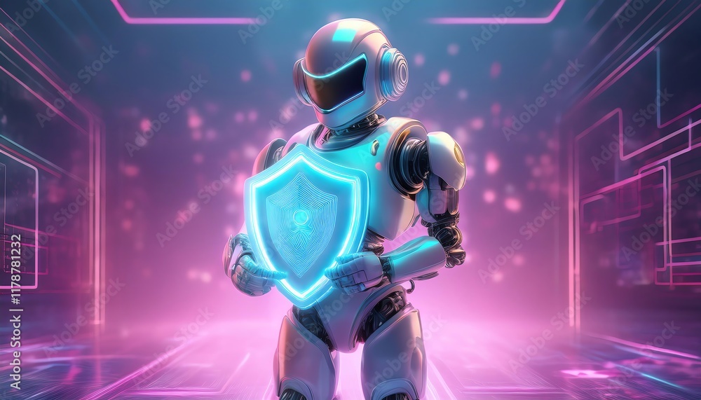 Poster a futuristic robot holds a glowing shield in a vibrant digital environment with neon colors and geom