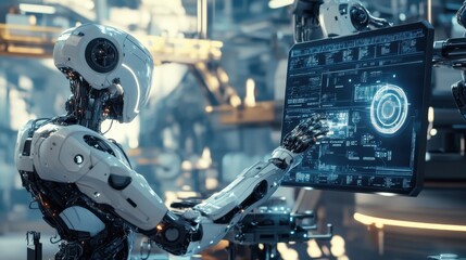 Fototapeta premium A futuristic scene showing a transition from industrial machinery to advanced AI technology, with robotic arms, glowing circuits, and holographic interfaces blending into one.