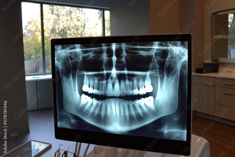 Aufkleber glowing dental x-ray displayed on large screen in modern office with soft lighting and open layout