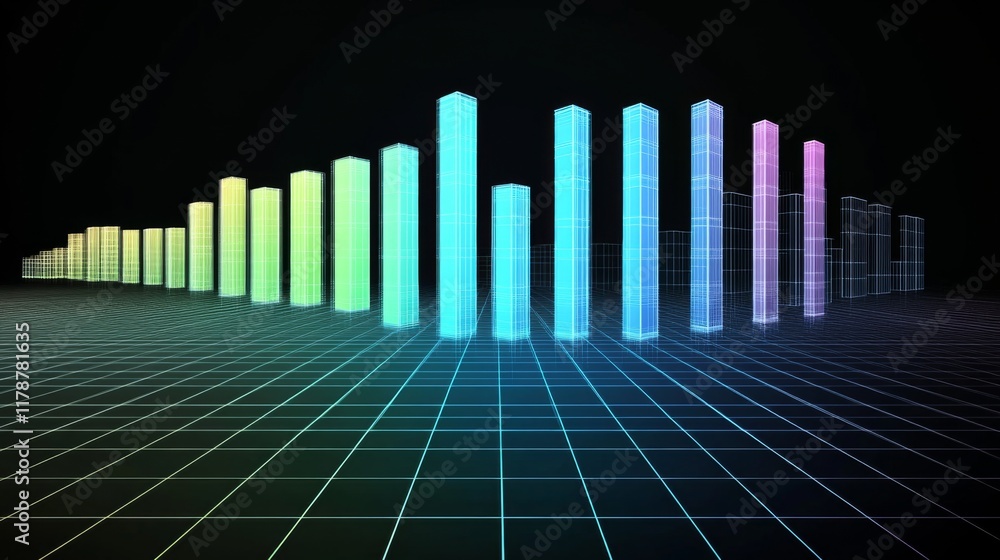 Poster a row of vertical bars in a gradient from blue to green, symbolizing financial performance over time