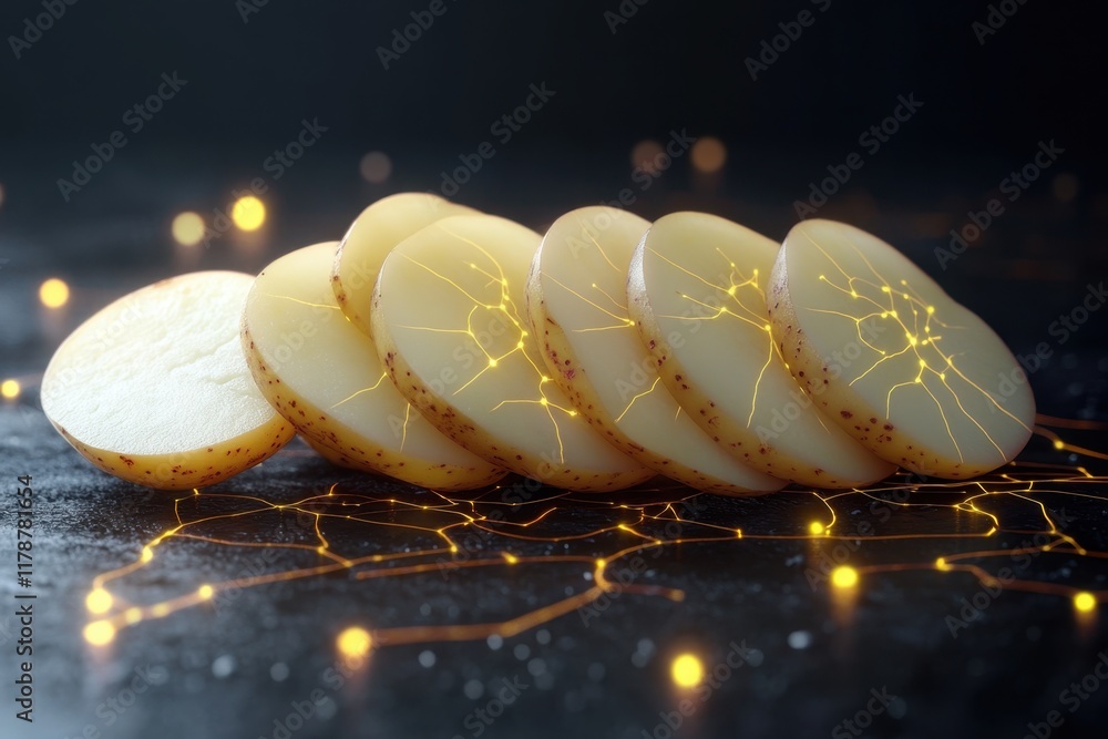 Aufkleber unique presentation of sliced potatoes with glowing patterns on a dark surface