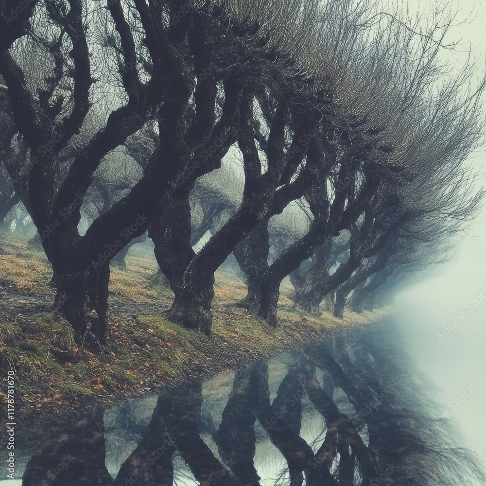 Poster a serene scene of leafless trees mirrored in still water, enveloped in fog, creating a mysterious an