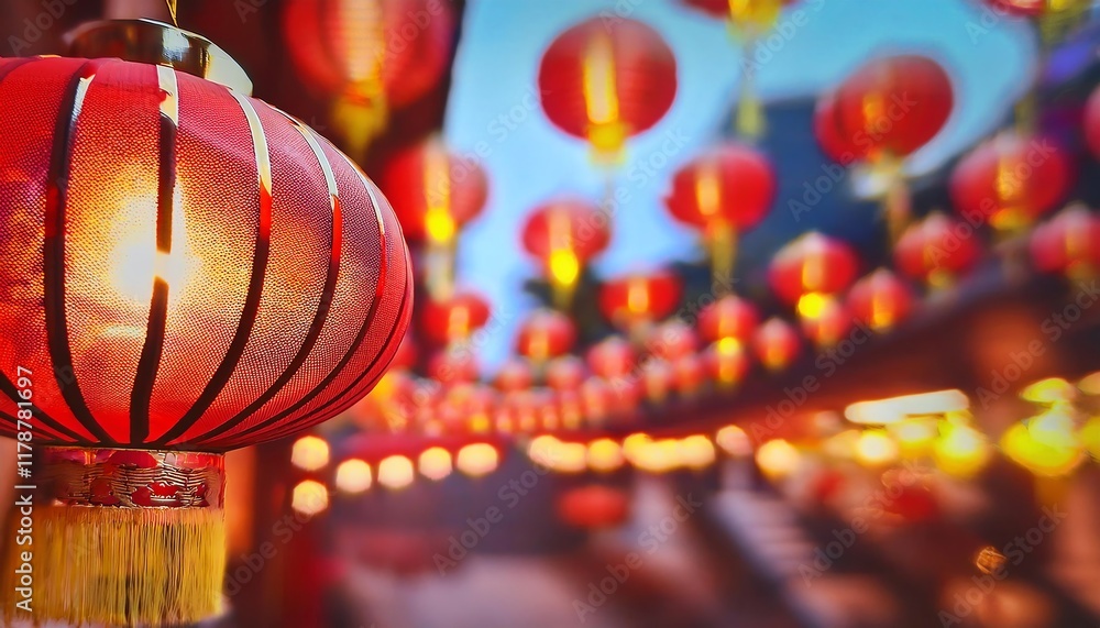 Poster a vibrant display of red lanterns illuminated against a twilight backdrop, creating a festive and en