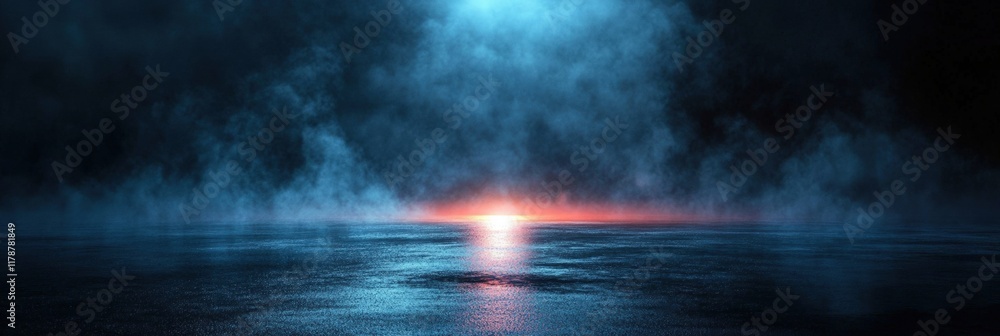 Poster calm and mystical reflection on wet asphalt under a blue illuminated sky with hazy fog and dim light