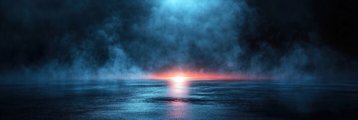 Obraz premium Calm and Mystical Reflection on Wet Asphalt Under a Blue Illuminated Sky with Hazy Fog and Dim Light Glow at Dusk