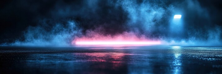 Fototapeta premium Wet Asphalt Reflection at Night with Neon Lights and Fog Creating a Mysterious Urban Atmosphere