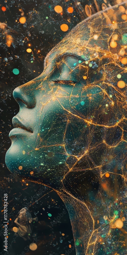 Poster surreal representation of connected data points in a human face with vibrant colors and cosmic eleme