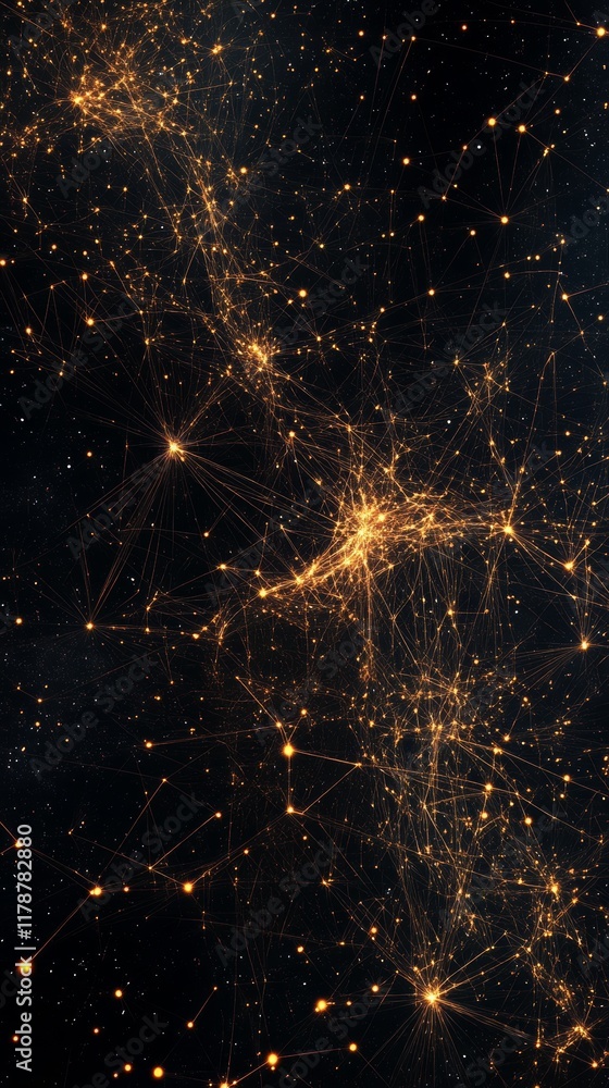 Poster vibrant abstract visualization illustrating interconnected data nodes against a dark background, sho