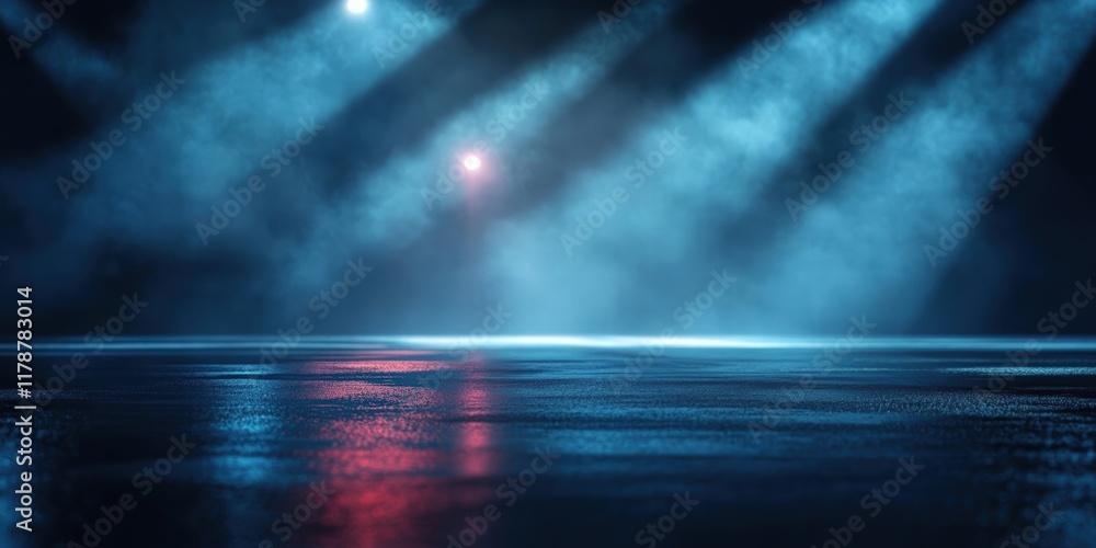 Poster reflections on wet asphalt with colorful lighting and mist in a dramatic setting for artistic photog
