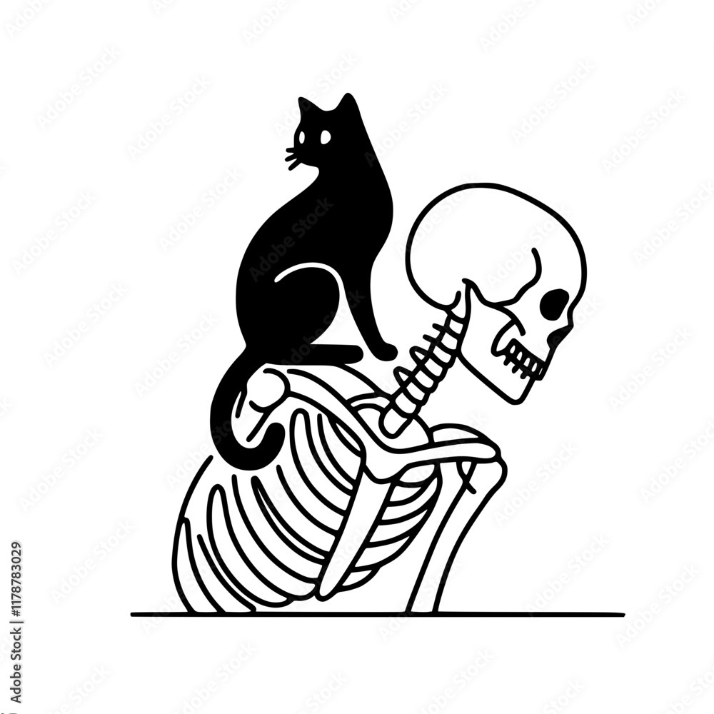 Poster single-line vector contour minimalistic image of a black cat sitting on the back of a human skeleton