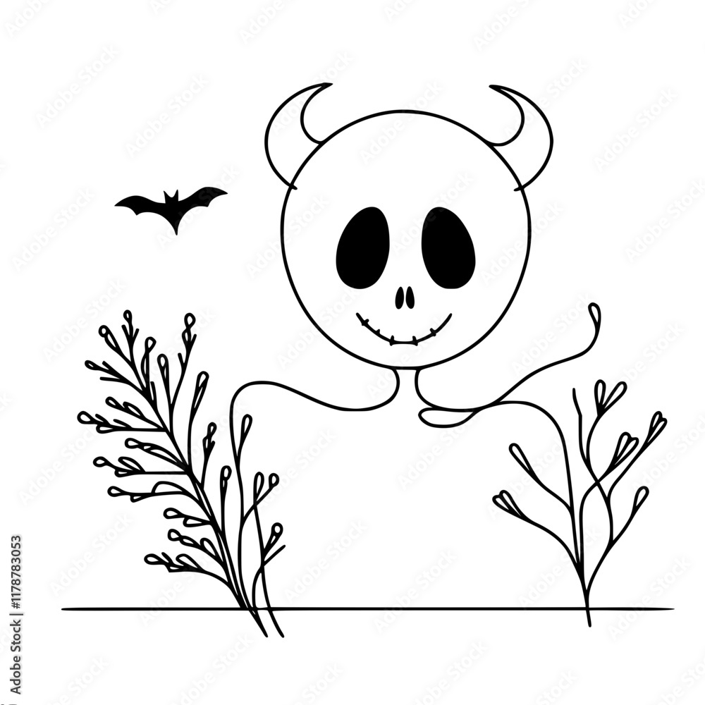Poster single line vector simple contour drawing of a devil with empty eye sockets and horns on a light bac