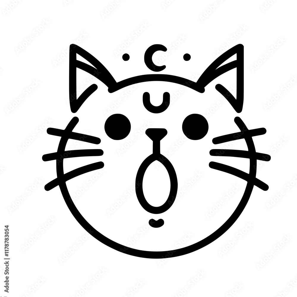 Poster simple contour one-line vector drawing of the head of a frightened angry cat with its mouth open on 