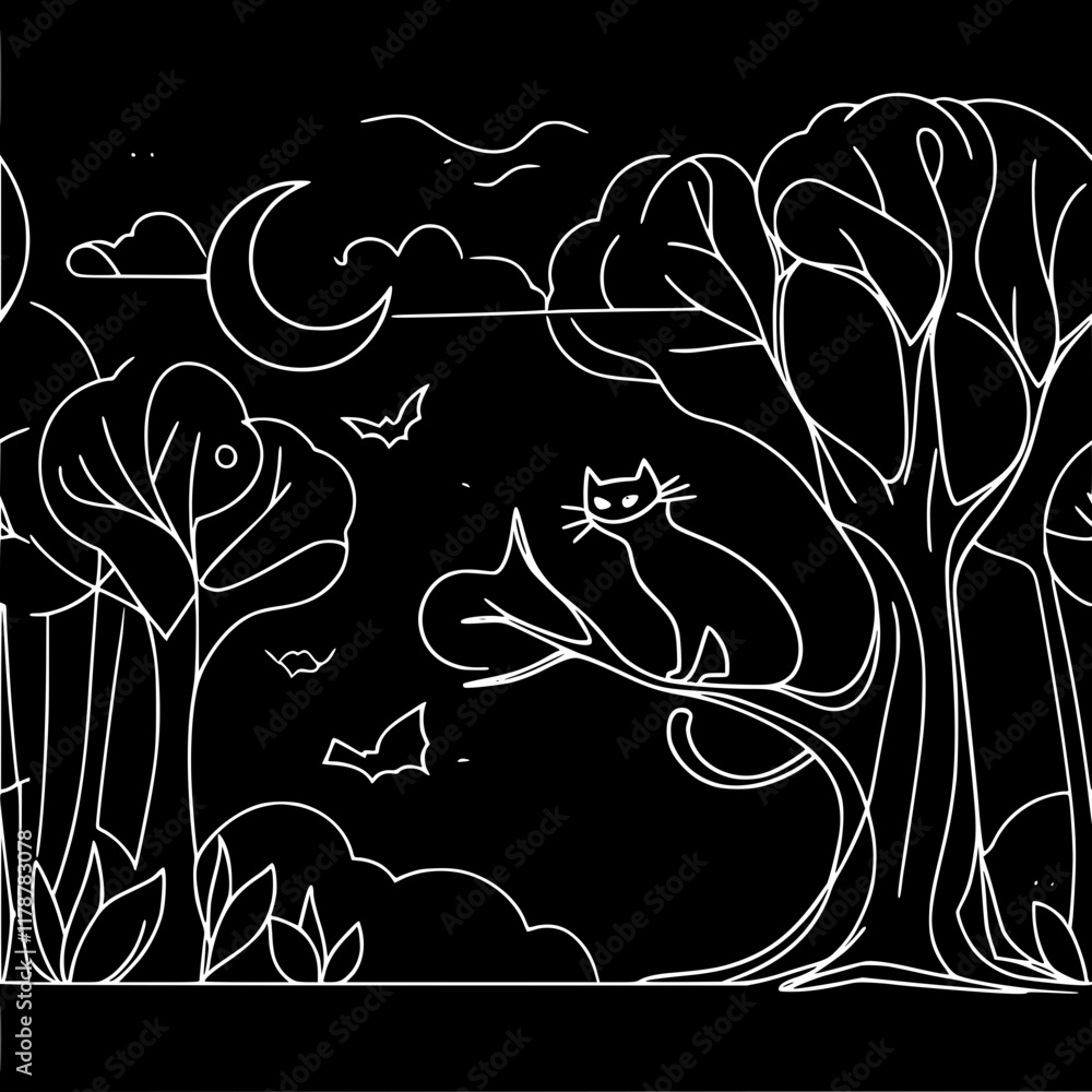 Poster single line vector outline stylish minimalistic image of a mysterious forest at night, a lonely blac