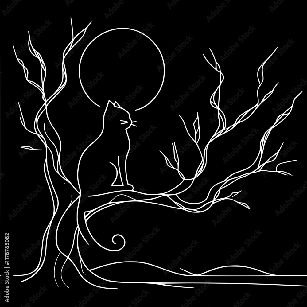 Poster single line vector outline stylish minimalistic image of a lonely black cat sitting on a branch of a