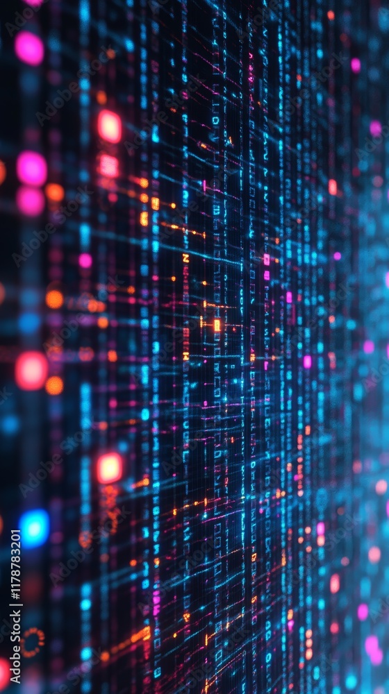 Poster Abstract Digital Data Flow with Colorful Textures and Technological Elements on a Dark Background
