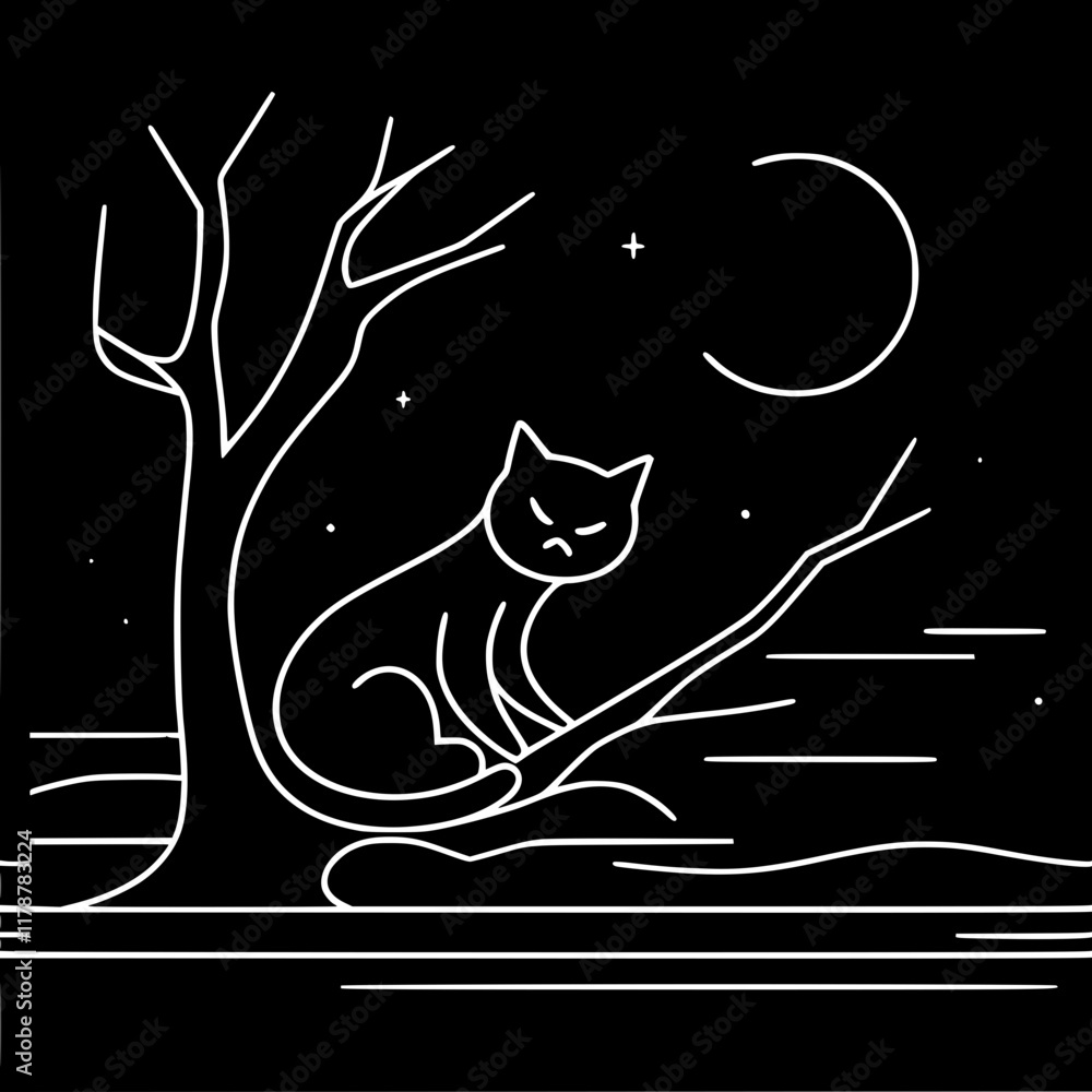 Poster single-line vector contour stylish minimalistic image of a black cat sitting on a leafless tree at n