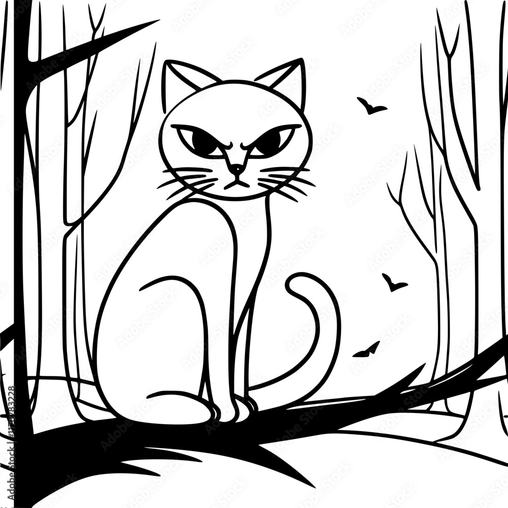 Poster single line vector contour minimalistic illustration of an angry black frowning cat close-up on a br