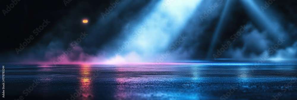 Poster wet asphalt reflection in dark environment with colorful lights and fog creating a dramatic atmosphe