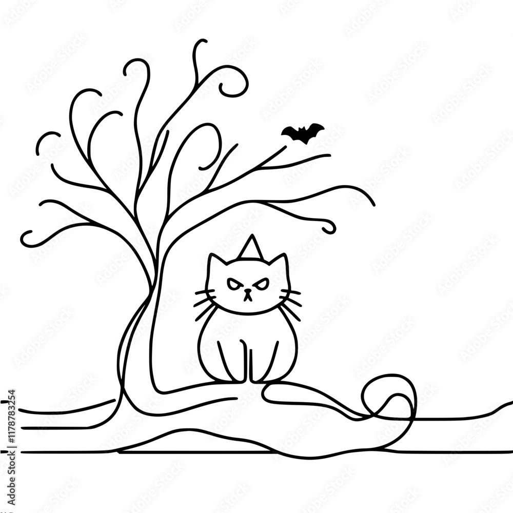 Poster single line vector contour minimalistic illustration of an angry black cat sitting under a tree and 