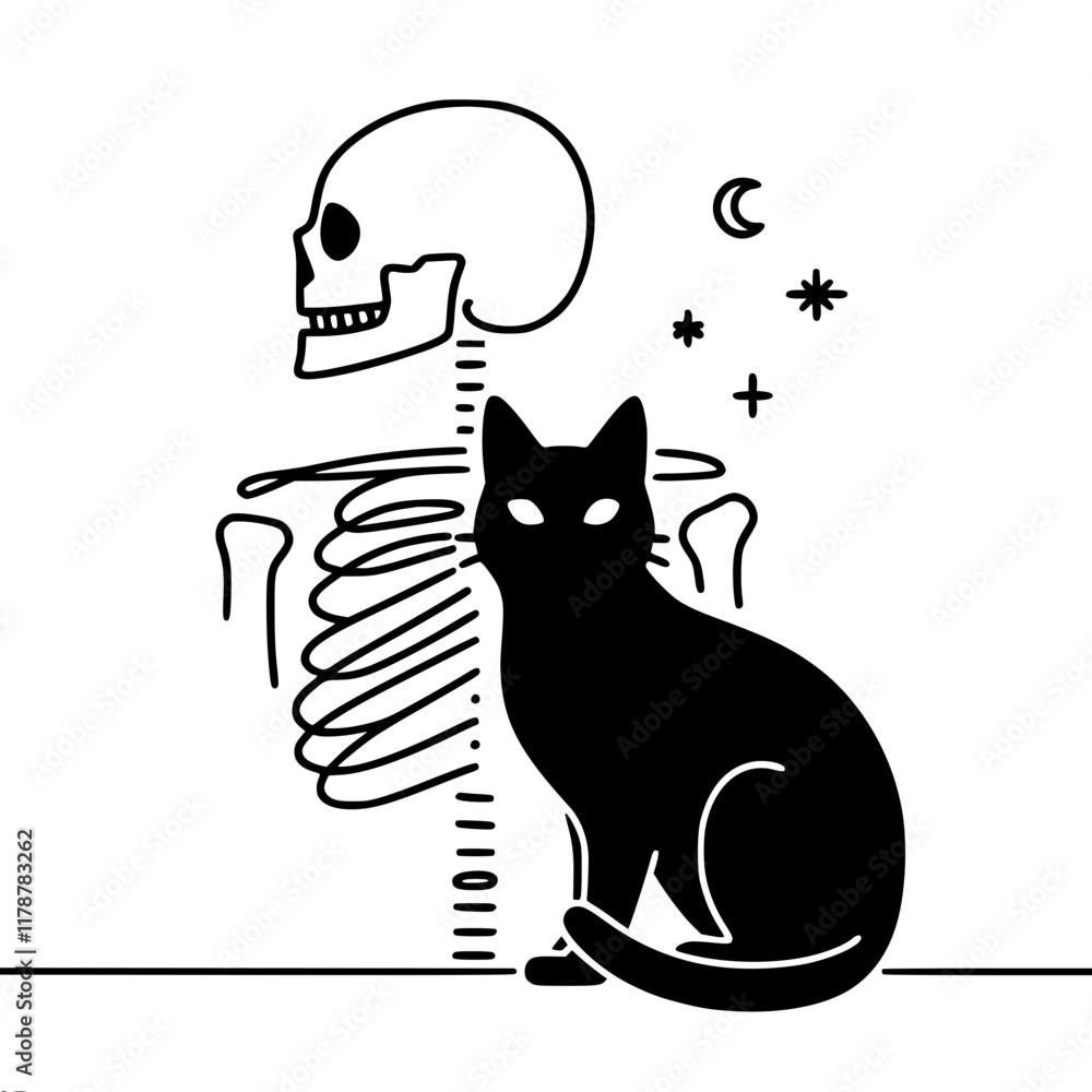 Poster single line vector contour minimalistic image of a black cat sitting in front of a human skeleton, s