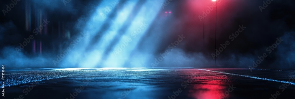 Poster ethereal reflection on wet asphalt with colorful light beams and mist creating a mystical urban atmo