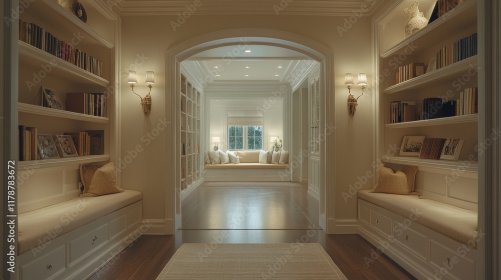 Aufkleber a serene hallway lined with bookshelves, soft lighting, and a comfortable reading nook at the end, c