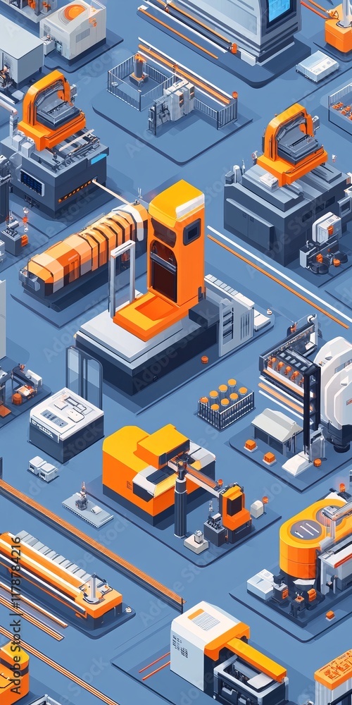 Poster aerial view of a modern industrial factory featuring advanced machinery and robotics in a high-tech 