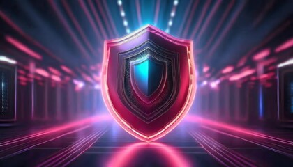 Fototapeta premium A vibrant digital shield surrounded by neon lights, symbolizing protection and security in a futuristic environment.