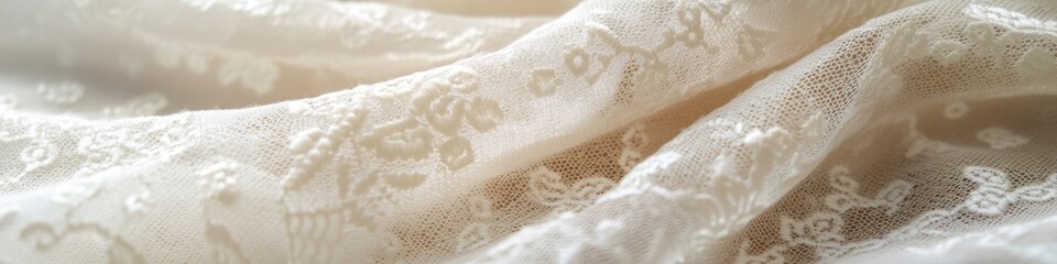 macro shot of intricate lace fabric in ivory white with floral patterns and natural light creating depth and generous