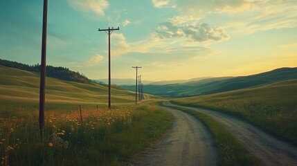 Obraz premium A serene rural scene featuring electricity poles lined along a winding country road, with fields of green grass and wildflowers creating a picturesque backdrop