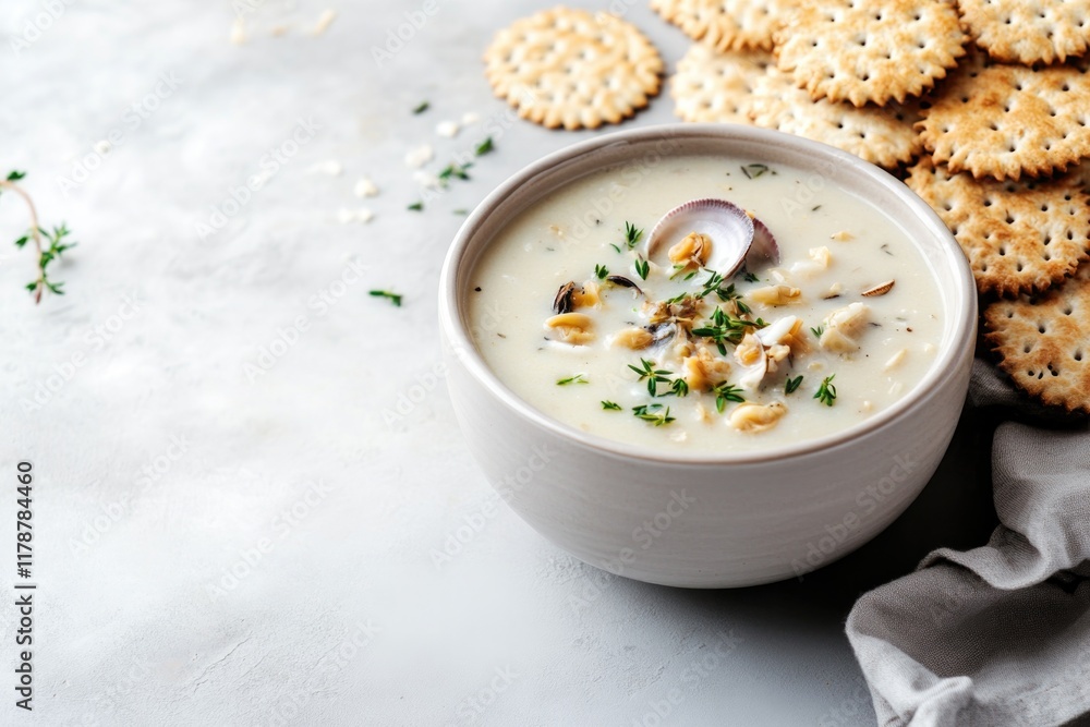 Poster minimal top-down photo of clam chowder bowl paired with crispy crackers resting on muted gray background with ample