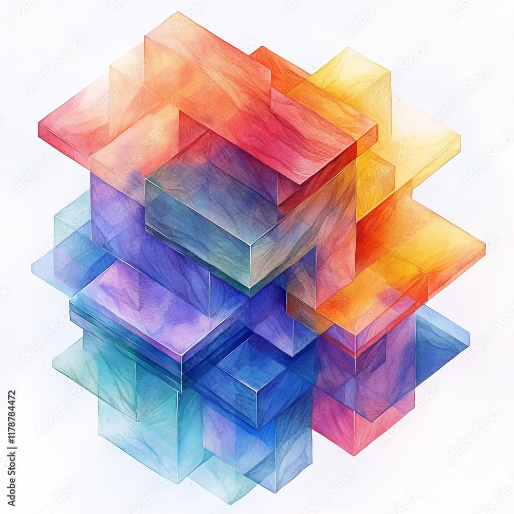 Poster vibrant abstract geometric watercolor art featuring multicolored cubes creating a 3d illusion on a w