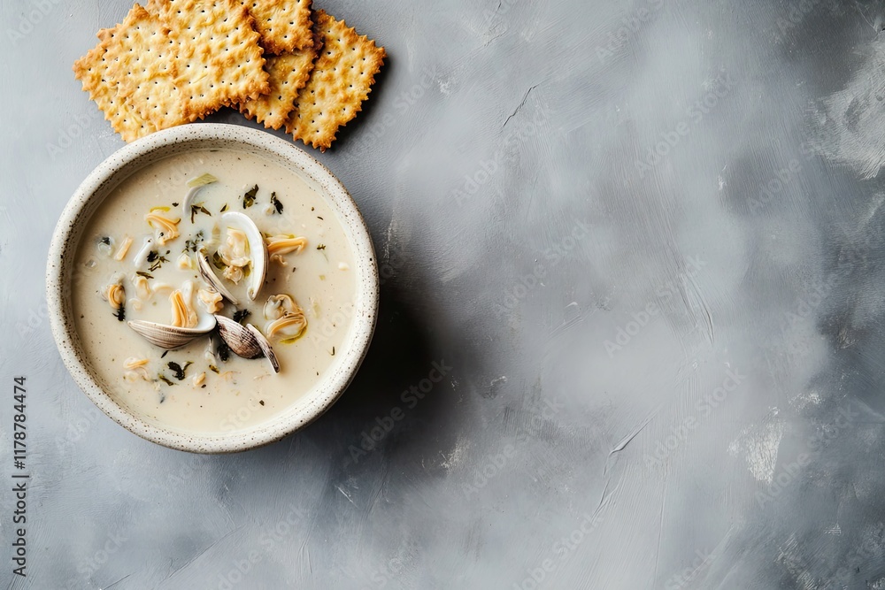Poster minimal top-down photo of clam chowder bowl paired with crispy crackers resting on muted gray backgr