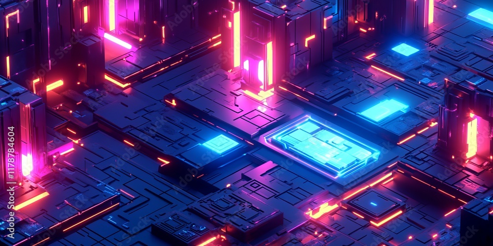 Poster a vibrant digital artwork depicting a futuristic circuit board with neon lights and geometric patter