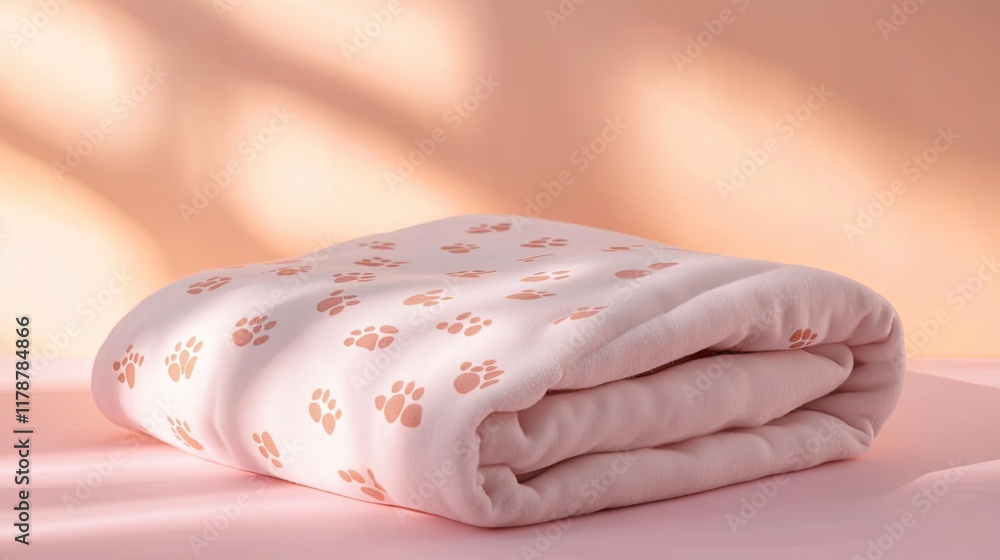 Poster neatly folded puppy blanket with paw-print patterns resting on pastel pink surface illuminated by so