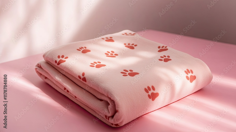 Poster neatly folded puppy blanket with paw-print patterns resting on pastel pink surface illuminated by so