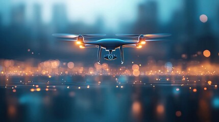 Urban ai-coordinated drone fleet capturing real-time aerial footage over cityscape nighttime high-tech environment dynamic perspective