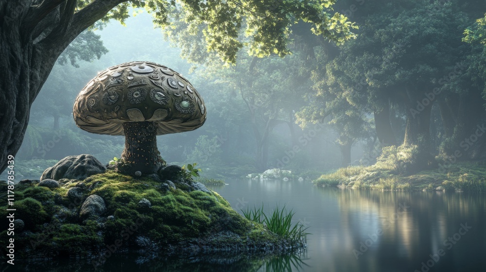 Aufkleber A single large mushroom with intricate patterns on its cap, adorned with droplets of water, placed on a mossy stone in a serene forest setting