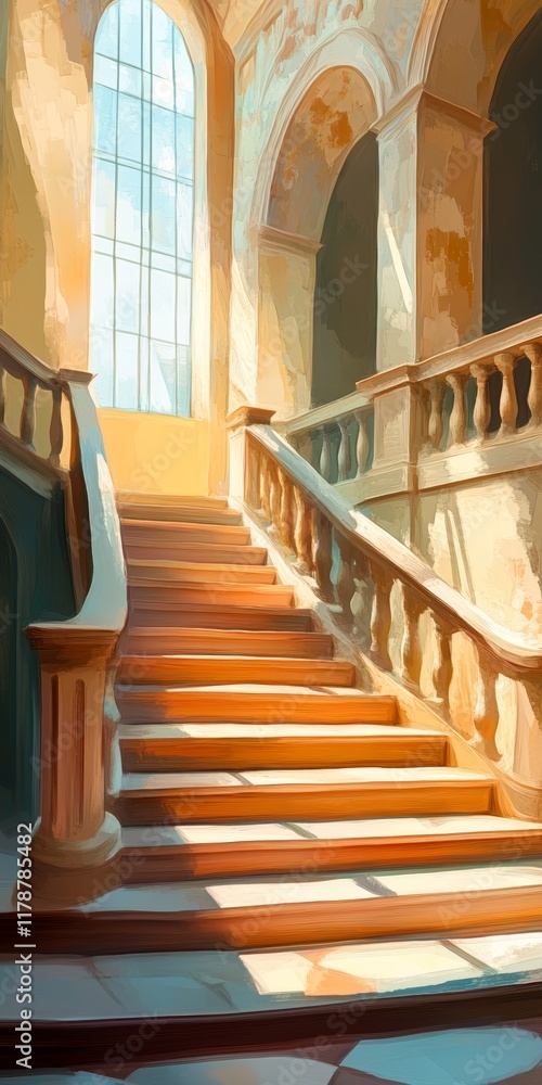 Poster a painting of a staircase with a window above it