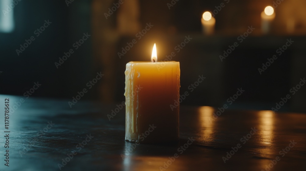 Poster a single lit candle on a dark wooden table, with soft shadows and highlights emphasizing the wax tex