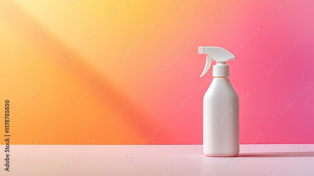 Poster simple and clean layout with soft gradients and single spray bottle silhouette leaving ample copy sp