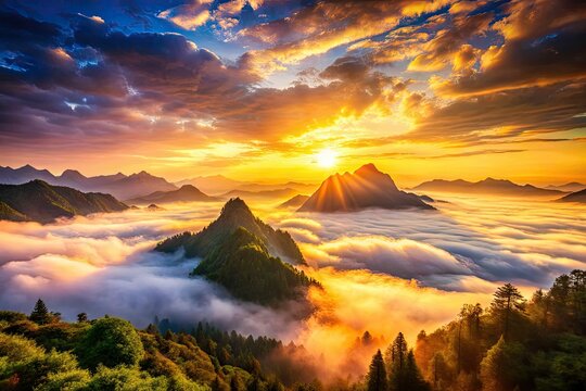 Golden hour paints foggy mountain peaks with dramatic sunrise light.