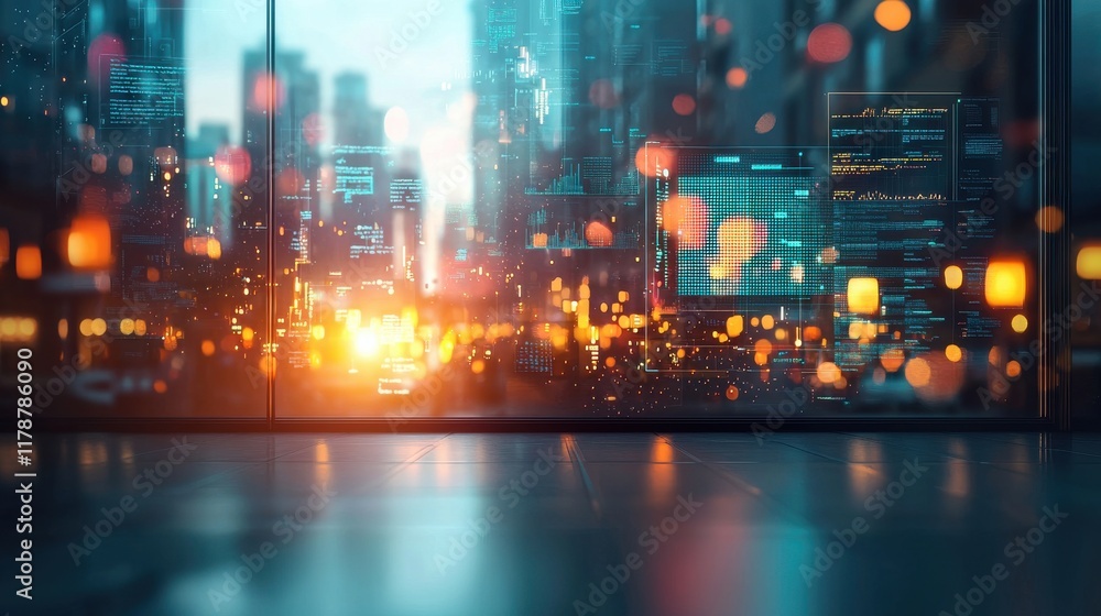 Aufkleber dynamic interface showcasing real-time machine learning trends in a modern cityscape digital visuali