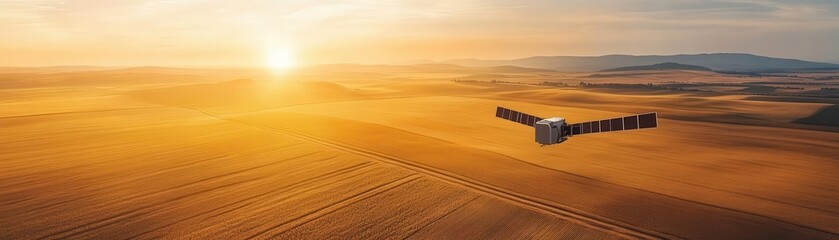 Fototapeta premium Satellite monitoring precision farming on golden fields, yield, space tech enhancing productivity