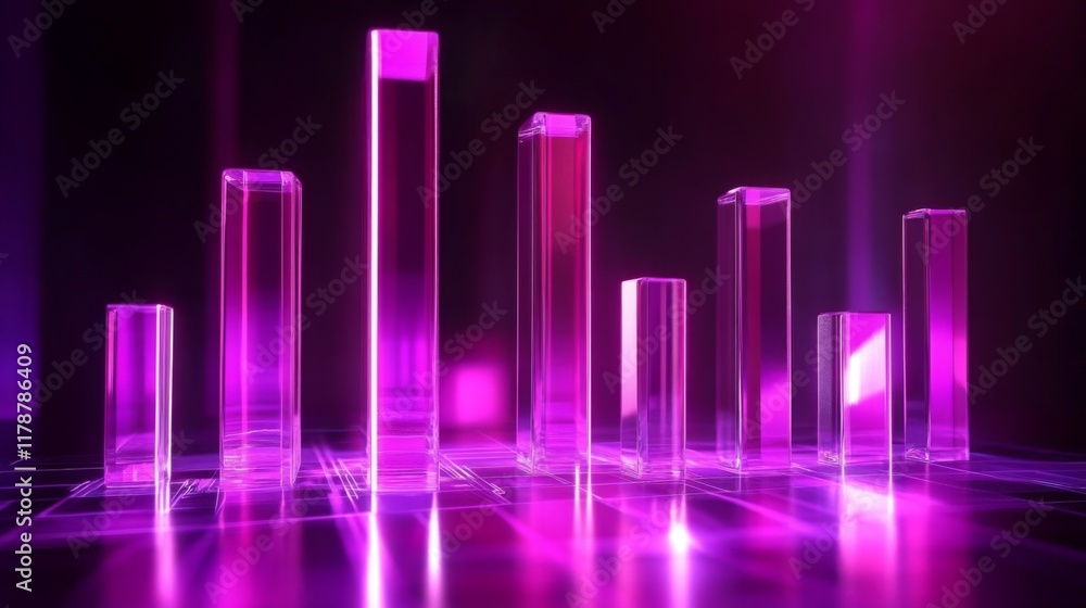 Poster a set of glossy d bars rising dramatically from a financial dashboard, with neon highlights and subt