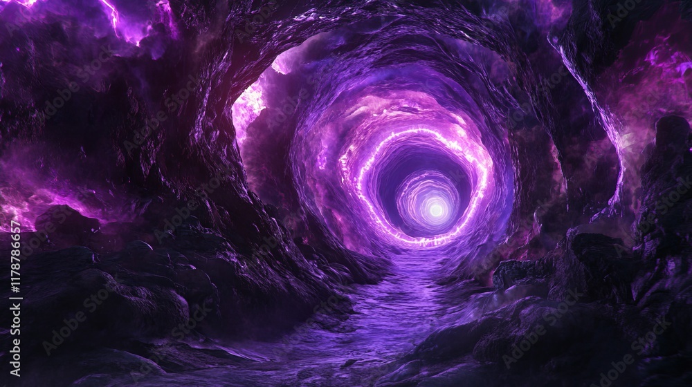 Poster enchanting purple vortex tunnel with a glowing light at the center, creating a surreal and mystical 