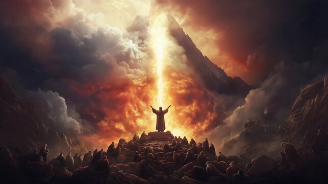 prophet Elijah standing atop Mount Carmel with his arms raised in fervent prayer. The sky above is dark and stormy, but a huge column of fire descends from the heavens