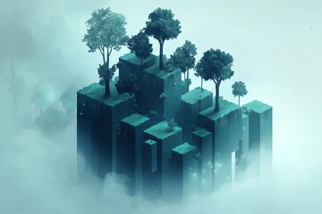 A captivating surreal scene of a floating island with trees and greenery surrounded by mystical fog, creating a dreamlike fantasy atmosphere.