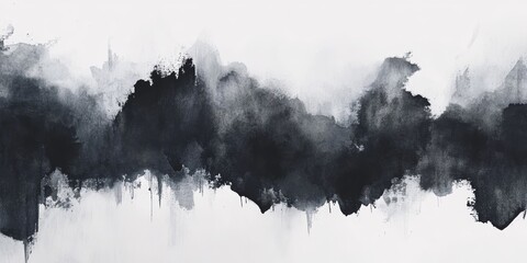 Dynamic abstract ink wash painting featuring bold black brush strokes and textured layers on a white canvas background.